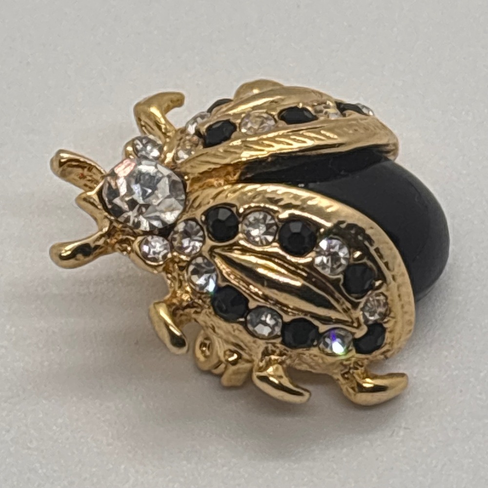 Gold Tone Ladybug Brooch Black Gem Clear Crystal Accent Women Costume Jewelry - Picture 2 of 7